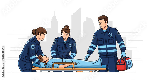 Paramedics attending to patient on stretcher with city skyline background