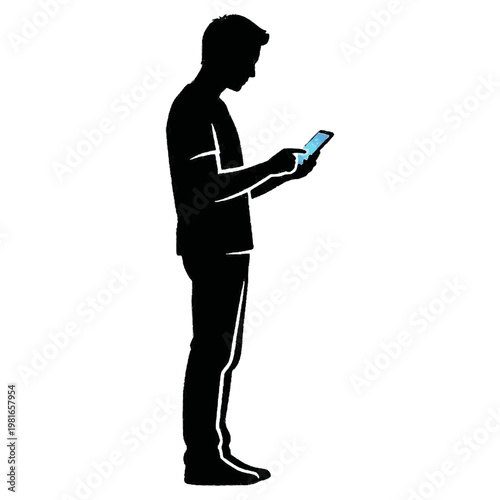 Person using smartphone in dark silhouette isolated on transparent background