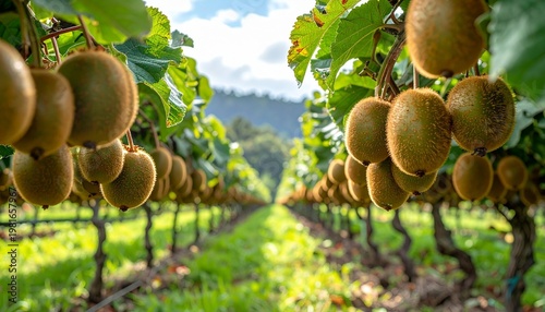 Kiwi fruit orchard rows with greenery