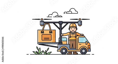 Drone Delivery Truck with Package and Worker Illustration.