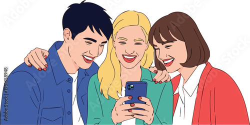 Three friends sharing a moment looking at smartphone together happily