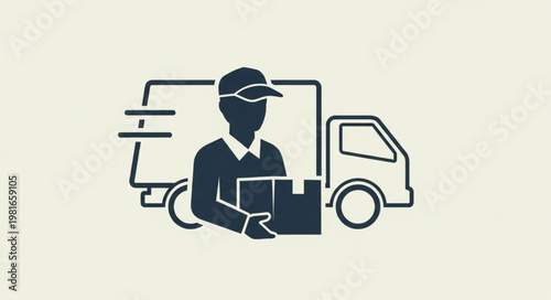 Delivery Driver with Package in Front of Delivery Truck Illustration.