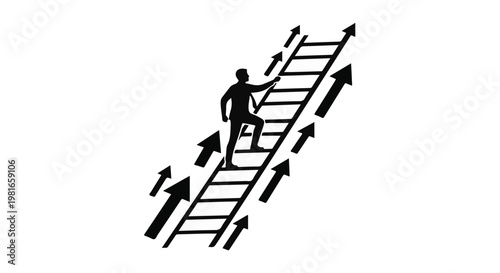 Businessman climbing a tall ladder surrounded by upward pointing arrows, illustrating career progression, corporate growth, ambition, personal development, and the pursuit of professional goals.
