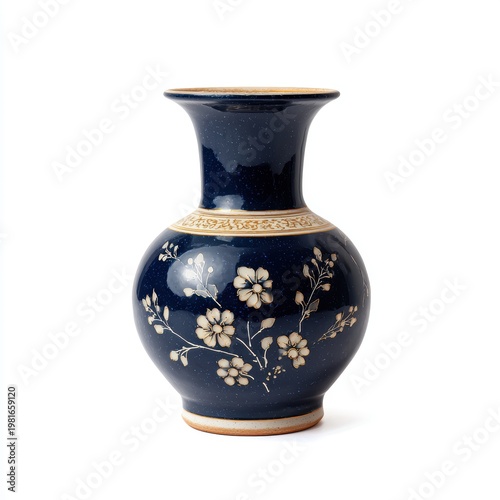 Navy blue ceramic vase with delicate floral pattern on a white background