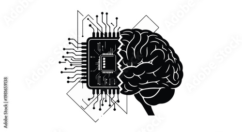 Brain and computer chip integrated into a single hybrid structure with circuit board pathways, illustrating the intersection of human intelligence, artificial learning, and advanced technology.