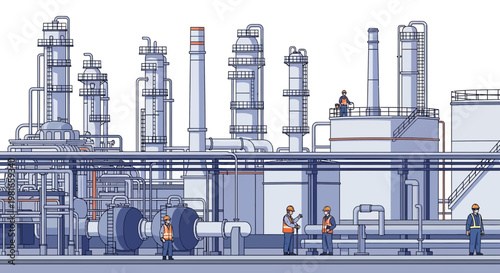 Industrial Oil Refinery Complex with Workers, Petrochemical Plant, Manufacturing Facility