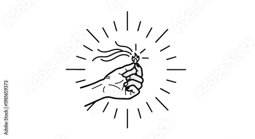 Hand holding a small burning matchstick with radiant light rays extending outwards, representing the spark of a new creative idea, innovation, hope, or the beginning of a transformative process.