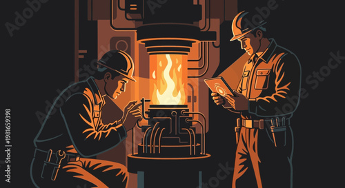 Industrial Workers Inspecting Fiery Furnace Machine with Tablet, Teamwork Concept