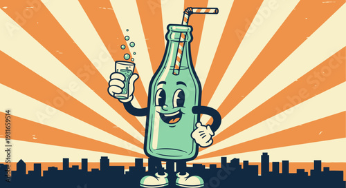 Retro Cartoon Soda Bottle Character Holding a Small Glass.