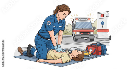 Paramedic performing CPR on patient, ambulance and medical kit nearby