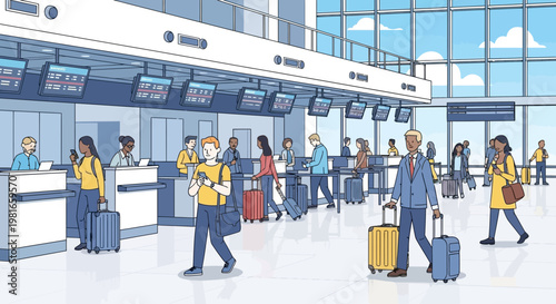 Diverse travelers with luggage at airport check-in counters, busy terminal scene