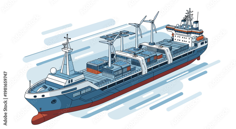 Fototapeta premium Eco-friendly cargo ship with solar panels and wind turbines, innovative transportation concept