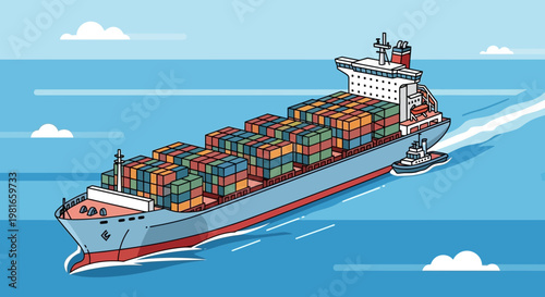 Large cargo ship carrying containers sailing on the ocean, accompanied by a tugboat