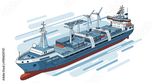 Eco-friendly cargo ship with solar panels and wind turbines, innovative transportation concept