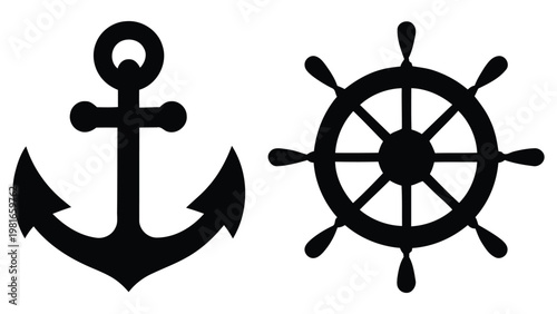 Nautical Icons Set: Anchor and Ship's Wheel Silhouettes,