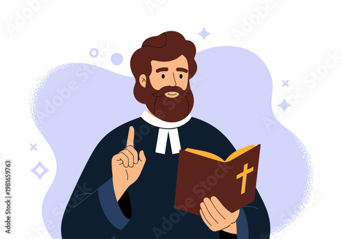 Christian Priest Holding Holy Bible and Preaching, Flat Vector Illustration of Bearded Pastor Giving a Sermon