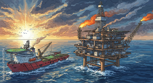 Offshore Oil Rig and Supply Ship at Sunrise, Dramatic Sky, Industrial Seascape