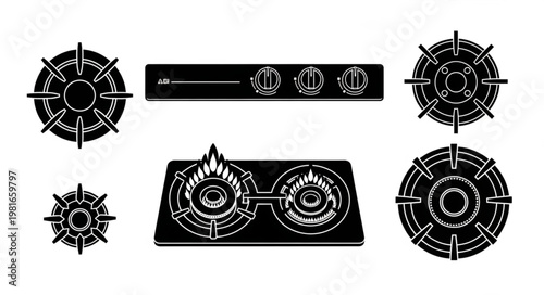Detailed Gas Stove Illustration with Burners and Controls.