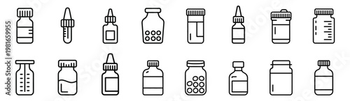 Medicine Bottles and Vials Line Art Icons Set,