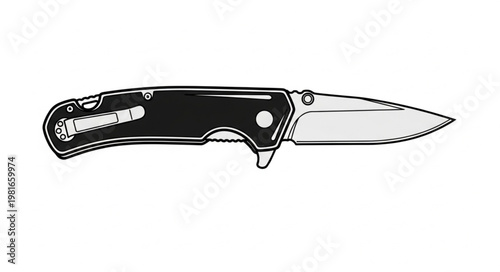 Detailed Illustration of a Folding Pocket Knife with Black Handle.