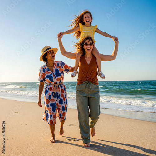 Happy family walking on beach together