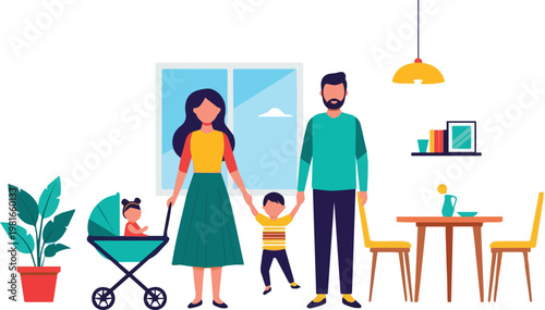 Family with baby stroller and toddler standing in a modern living room interior
