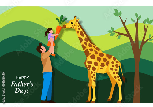 Happy Father's Day Illustration in Creative Paper Cut Style Featuring a Father and Daughter Feeding a Giraffe in a Lush Nature Setting