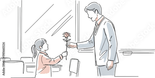Little student giving a beautiful rose to her smiling teacher during class as a sign of appreciation and deep respect