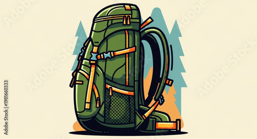 Detailed Illustration of a Green Hiking Backpack with Straps.