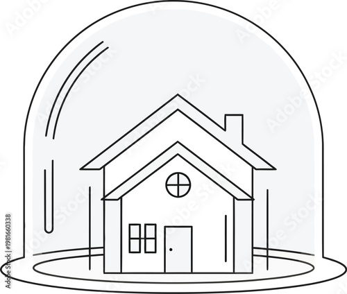 Minimalist line art illustration featuring a modern house safely enclosed inside a clear glass dome, symbolizing protection and security for residents.