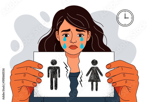 Sad Woman Crying and Holding a Torn Photograph of a Couple, Concept for Divorce and Relationship Breakup Illustration