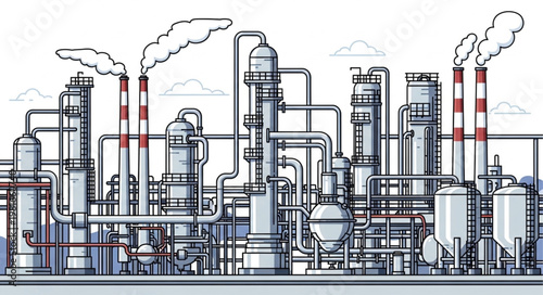 Detailed Illustration of an Industrial Plant with Chimneys and Pipes.