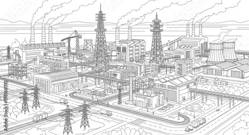 Detailed Line Art of a Futuristic Cityscape with Towering Structures.