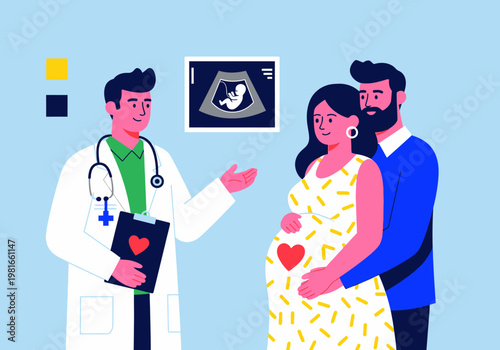 Pregnant Couple at Maternity Clinic Doctor Appointment with Ultrasound Scan Illustration
