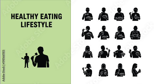 Collection of vector graphic silhouettes illustrating people enjoying healthy food and beverages for a balanced lifestyle.