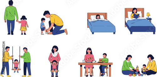 Family members engage in various daily activities at home with children