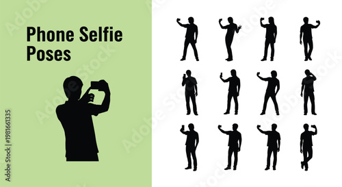 Vector illustration set showing various male silhouettes capturing selfie photos using a mobile phone handheld device