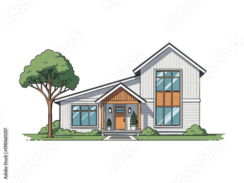 Modern two-story residential house architecture featuring a tree and contemporary flat roof design in a flat vector style.