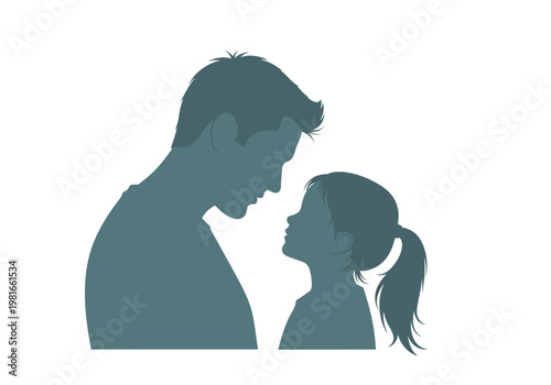 Silhouette of Father and Daughter Looking at Each Other, Minimalist Parenting and Family Bonding Concept Illustration on White Background