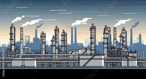 Industrial oil refinery complex with smoking chimneys and pipelines against a city skyline