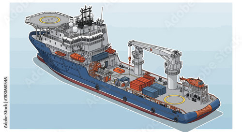 Modern offshore support vessel with helideck and crane, illustration