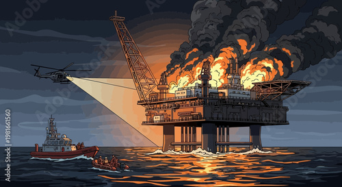Offshore oil rig fire disaster at sea, rescue helicopter and boats responding at night