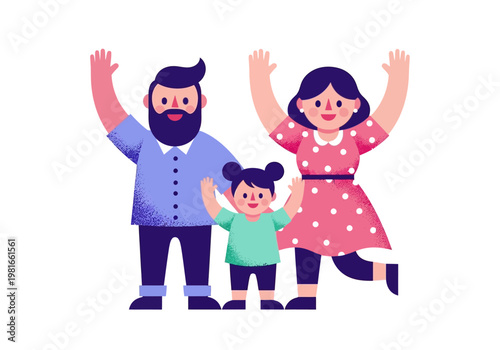 Happy Family Vector Illustration - Mother, Father, and Daughter Waving Hands in Joy