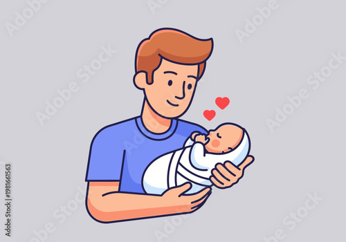Vector Illustration of a Happy Father Holding a Newborn Baby - Loving Paternity and Family Bonding Concept
