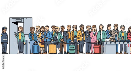 Diverse Crowd Queued at Airport Security Checkpoint with Luggage