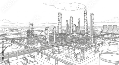 Detailed Sketch of a Large Industrial Oil Refinery Complex.