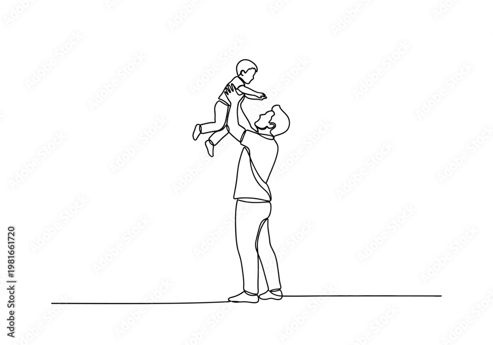 Fototapeta premium Continuous Line Drawing of Father Lifting Son Up in the Air, Minimalist Fatherhood Concept, One Line Art Illustration