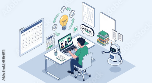 Student learning online with robot assistant and digital tools, idea generation