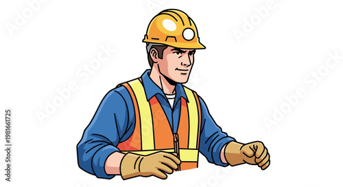 Construction Worker Wearing Hard Hat and Safety Vest - Illustration