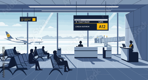 Airport departure lounge with passengers waiting, gate A12, airplane, and flight information screen